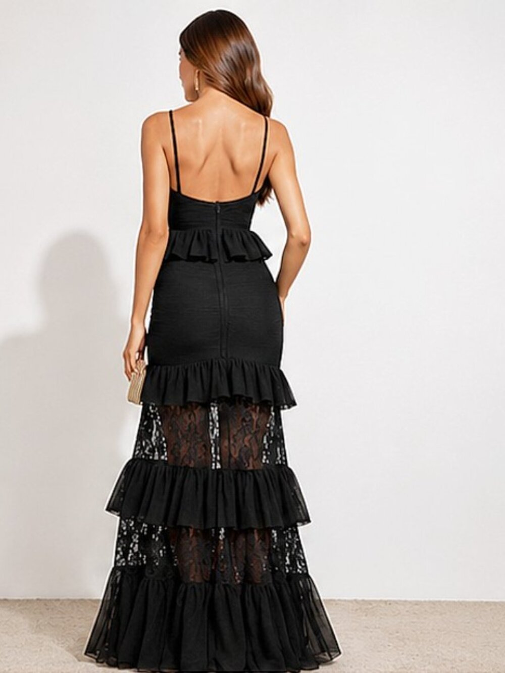 Tiered Lace Spliced Sheer Evening Gown Boutique Ruffle Bandage Maxi Dress S & L - Picture 4 of 10